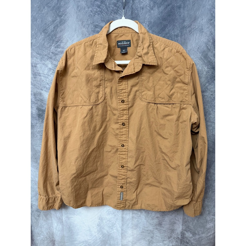 Woolrich Mens‎ Large Tan Khaki Quilted Shoulder Utility Hiking Shirt Long Sleeve